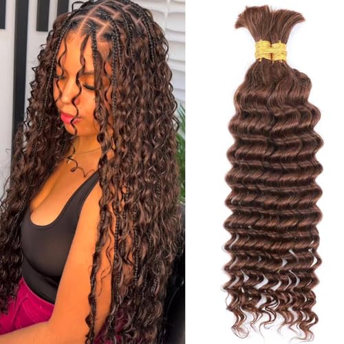 Human Braiding Hair Deep Wave Bulk Human Hair for Braiding 100g Bundle No Weft Curly Braiding Hair Extensions Brown Color for Boho Braids Water Curly Human Hair Braiding Hair (4#, 18 Inch-100G)