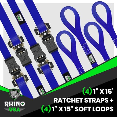 Image of Rhino USA Ratchet Straps Tie Downs (4-Pack) - 1 Inch x 15 Feet (1,823lb Break Strength) - Ultimate Tie Down Straps with Safety S Hooks - for Trucks, Cargo, Moving, Appliances - Blue