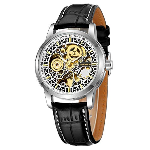 Gute Luxury Steampunk Bling Automatic Mechanical Wristwatch Golden Bezel Minimalist Stainless Steel (G-Black-Silver)