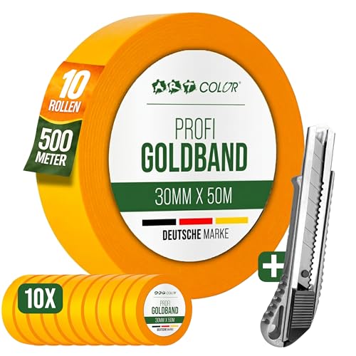 ART COLOR 10x Profi Goldband 30mm x 50m inkl. Cuttermesser - Maler Klebeband für exakte Farbkanten - UV beständiges Abklebeband - Alu Teppichmesser