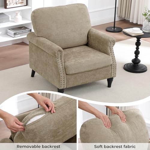 Image of Accent Chair for Living Room, Modern Mid Century Reading Chair Armchair High Back Upholstered Armchair with Wooden Legs for Living Room Bedroom Office (Brown, 1pcs)