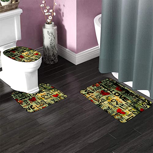 Badezimmerteppich-Set, 3-teilig, Street Art Graffiti, Liebe, Rot, Schwarz, Liebe, Herzform, waschbarer Badvorleger, rutschfest, mit Rückenpolster, Konturteppich und Toilettendeckelbezug – Bild 4