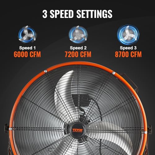 Image of VEVOR Drum Fan, 24 Inch 8700 CFM High Velocity Heavy Duty Floor Shop Fan, 3-Speed, 5ft Cord, 360Adjustable Tilting, Commercial Industrial Use for Warehouse, Workshop, Factory, Basement