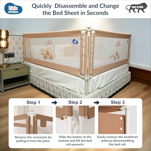 Image of Kids Station 3 Side Premium Bed Rail Guard (6.6ftx6ftx6.6ft / 200cmx180cmx200cm), Bed Railing for Baby Safety, Kids Toddler Bed Protector Side Walls, Adjustable Height, Portable & Foldable (Beige)