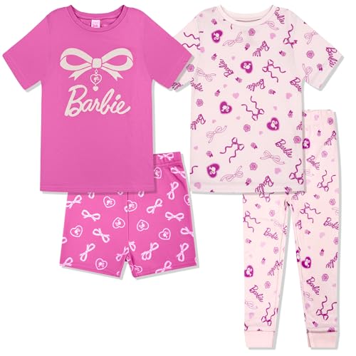 Barbie 4 Piece Pajama Set - Kids Tight Fit Short Sleeve Shorts & Pants Sleepwear Set for Girls & Toddlers - Official Product Pink