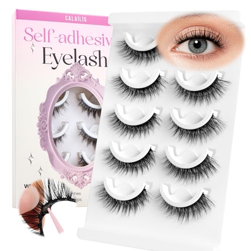 CALAILIS Self Adhesive Eyelashes Natural Look Wispy Press On Lashes No Glue Need Eyelashes 5 Pairs Reusable Cat Eye Self-adhesive False Lashes with Replacement Adhesive Strips (C122)