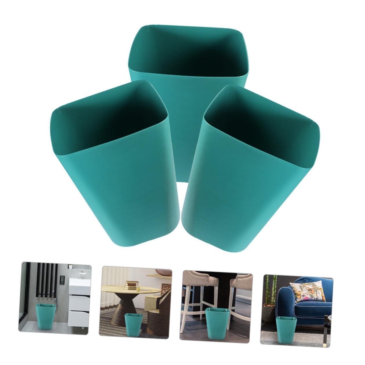 Veemoon 3pcs Outdoor Trash Can Set with Square Open Top, Blue Small Wastebasket for Patio, Garden, and Camping, Sturdy Plastic Garbage Bin for Outdoor Storage and Litter Management