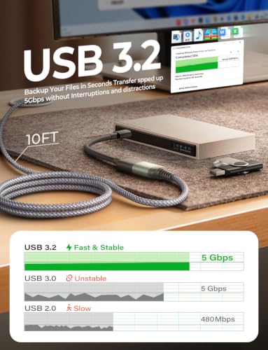 Image of AINOPE USB Extension Cable 10FT USB 3.0 Extender Male to Female Cord Grey | 5Gbps High Data Transfer for Printer Webcam Flash Drive Hard Drive Hub Keyboard Mouse Camera Playstation Xbox and More