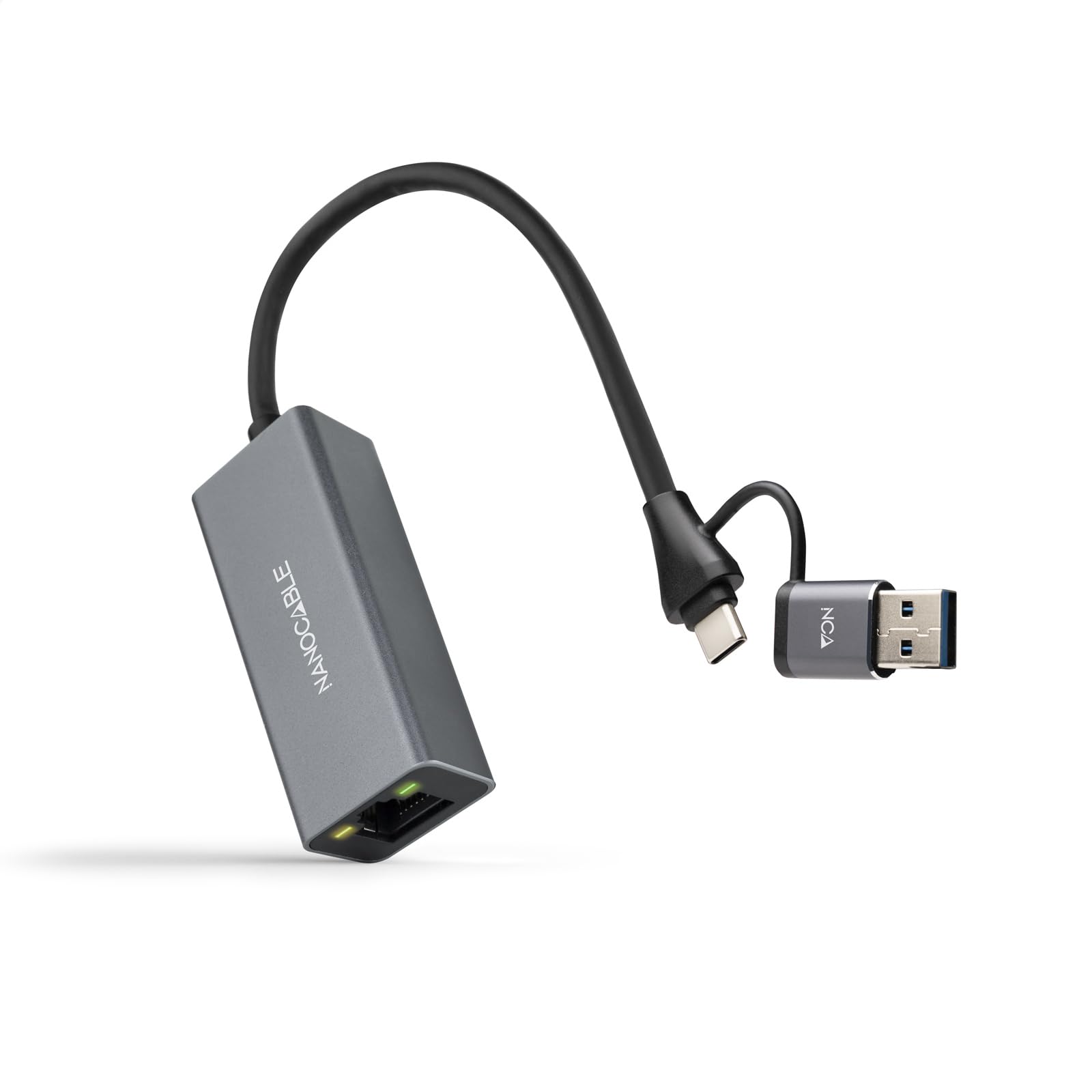 NANOCABLE 10.03.0411 USB-C + USB-A/M 3.0 to Ethernet Converter, Aluminium, Grey, 15 cm