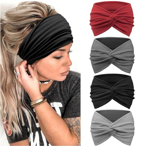 4 diademas para el pelo para mujer, extra anchas, pañuelos para la cabeza para mujer, verano, diademas para mujer, bandas para el pelo, bandas para el sudor, colores mixtos, para mujer, deporte, yoga,