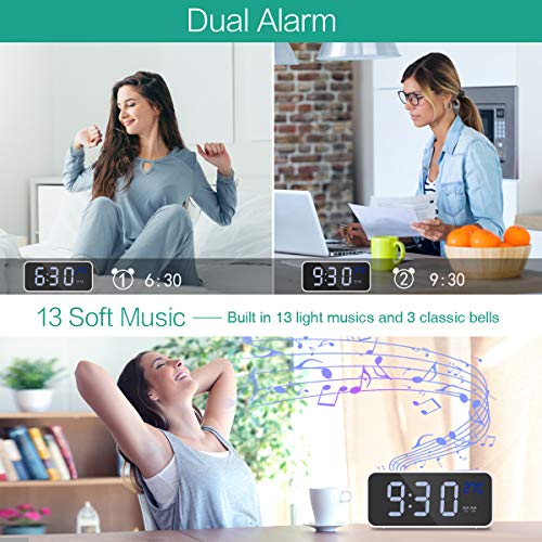 Oria Digital Alarm Clock, Mirror Led Music Digital Clock, Voice Control, 4 Adjustable Brightness, Dual Alarms, Temperature, Snooze, Usb Charging Port For Bedroom, Bedside, Office, Kids, Elderly #TOP5