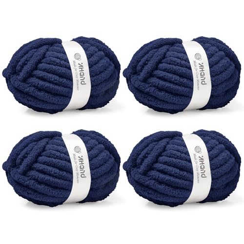 Image of Inhand Chunky Chenille Yarn for Hand Knitting,Thick Bulky Blanket Yarn for Crocheting,Soft Fluffy Yarn for Crochet Birthday Gifts for Men /Women /Beginners,4 Pack (29.5Yds /8.4oz Each),Deep Navy