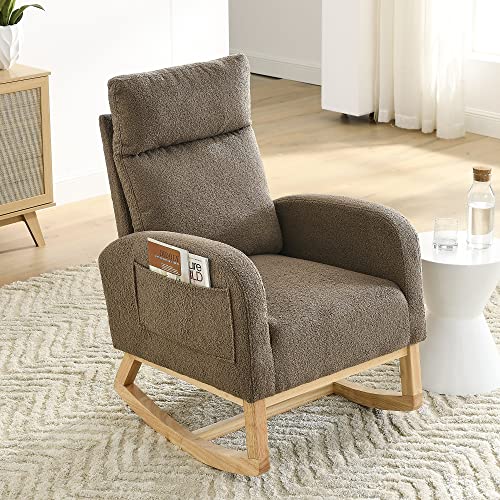 Image of Krinana Nursery Rocking Chair with Solid Wood Legs, Glider Chair for Nursery with Two Side Pockets, Rocker Armchair for Living Room Bedroom (Coffee, Teddy Fabric)