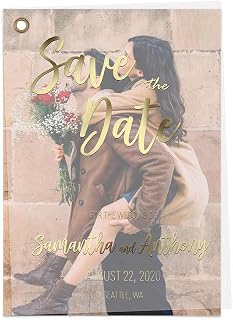 Vellum Save the Date with Photo, Transparent Personalized Foiled Save the Date in Gold, Wedding Invitation Silver, Rose Gold (Rose Gold Foil, 5" x 7")