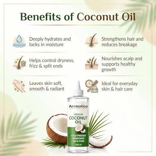 Image of AROMATICO 100% Pure Virgin Coconut Oil Cold Pressed for Healthy Hair & Skin, Natural solution for Moisturised Skin, Hair Care & Body - 200ml