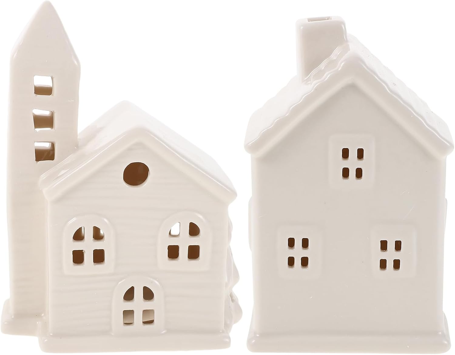 LOGOFUN 2PCS Ceramic Led Christmas Village Houses Porcelain Farmhouse Cottage Decor for Holiday Tabletop Display Xmas Party Supplies - White