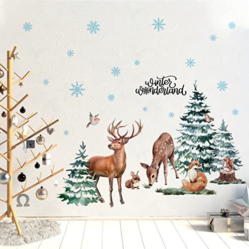 Mfault Winter Christmas Forest Deer Wall Decals Stickers, Xmas Wonderland Pine Tree Animals Elk Squirrel Rabbit Nursery Decorations Kids Bedroom Art, Snowflakes Baby Boys Girls Room Decor #TOP5