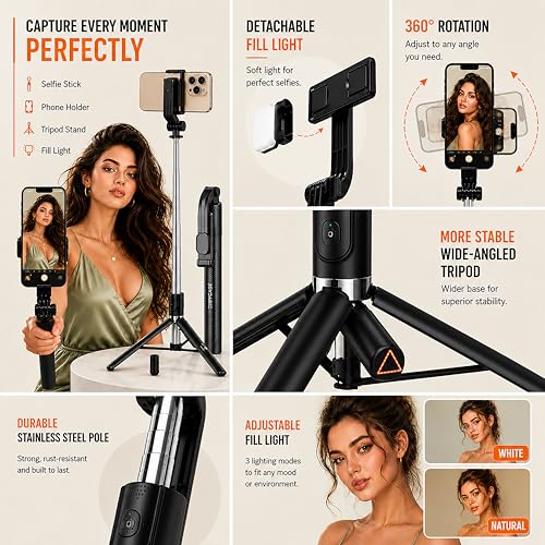 Image of CIRYCASE Selfie Stick Tripod, 170 cm Reinforced, Bluetooth, Multi-Functional, for iPhone and All Smartphones, Travel and Vlogging (Gripd 170 Cm with Light)