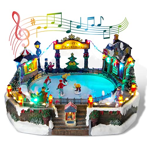 Christmas Village House Figurines Christmas Decor Estatua de la cabaña del Pueblo navideño Home Decoration Snow Globe Display Skating Pond Animated Christmas Theme Park with 8 Music (Skating XL)