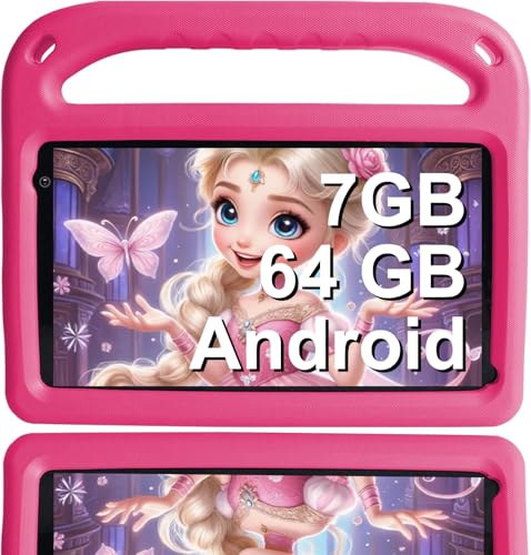GOODTEL 2025 Tablet Kids Android 7GB RAM+64 GB ROM, Tablet da 7 pollici per bambini, Bluetooth,istruzione + giochi, SD aggiunta,doppia fotocamera, controllo parentale, con custodia EVA - Rosa