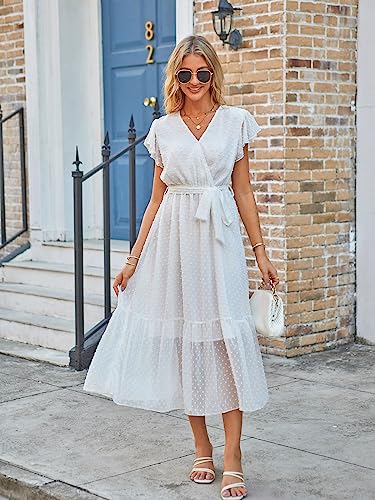 Image of VintageClothing Womens Sundress Casual Floral Summer Boho Dress | Flowy Wrap V Neck Ruffle A-Line Pleated Hem Midi Dresses