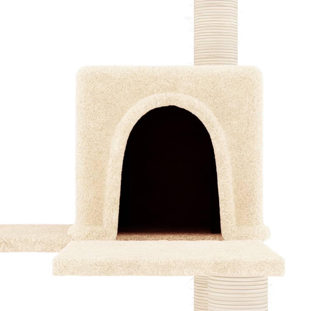 Rascador para gatos con columnas de sisal y felpa, color crema, 47 x 47 x 153 cm, material de madera estable, cueva, plataforma de observación, muebles de juego para interiores, protección de