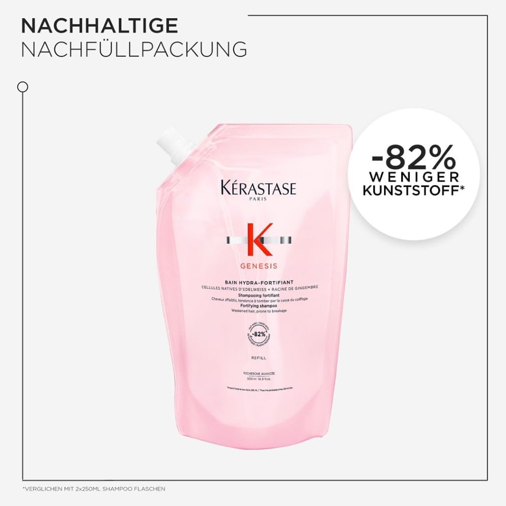 Kérastase Genesis Bain Hydra-Fortifiant Nachfüllset, Kräftigendes Shampoo bei Haarverlust durch Haarbruch, Enthält: Genesis Bain Hydra-Fortifiant 500 ml im Pumpspender sowie 500-ml-Nachfüllpackung