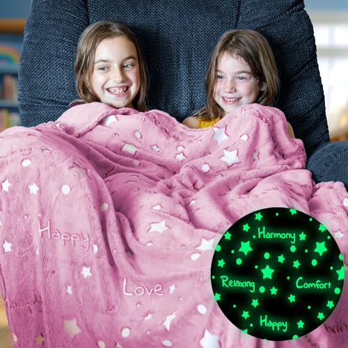 Image of Glow in The Dark Throw Blanket, Super Soft Fuzzy Plush Fleece, Decorated with Stars and Words of Encouragement, Birthday Gift for Girls Kids Women Teens Grandkids Toddlers, Pink, 50" x 60"