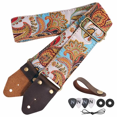 Image of Nefelibata Guitar Strap,Crazy Horse Leather Jacquard Embroidery Cotton Guitar Straps for Bass, Electric & Acoustic, Best Gifts for Guitarists(Golden Silk Blue Flowers)