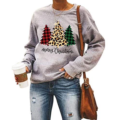 Merry Christmas Sweatshirt Women Casual Crewneck Long Sleeve Holiday Shirts Fall Winter Pullover Top Gray