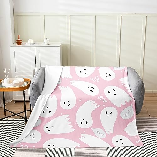 Jejeloiu Pink Halloween Ghost Fuzzy Blanket Twin 60