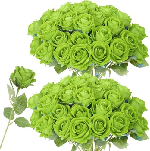 52 PCS Green Roses Artificial Flowers,Fake Green Roses Bouquet,Greens Artificial Silk Rose with Stems for Wedding Flowers Decoration, Valentines Day, Bridal Bouquet Rose,Wedding Decoration