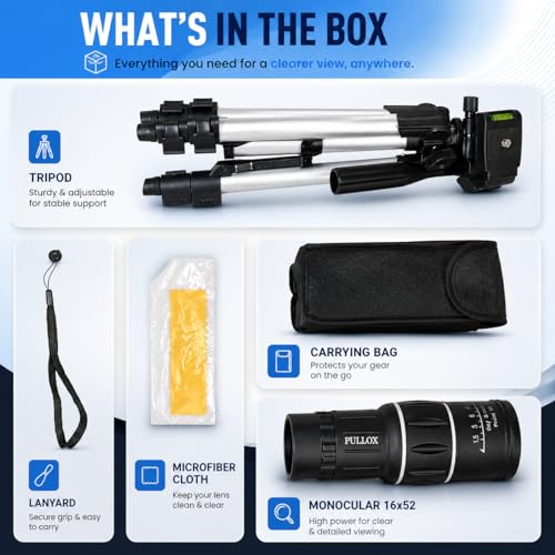 Image of Pullox 16x52 HD Monocular Telescope | Travel & Outdoor Moon Watching with a Small Tripod