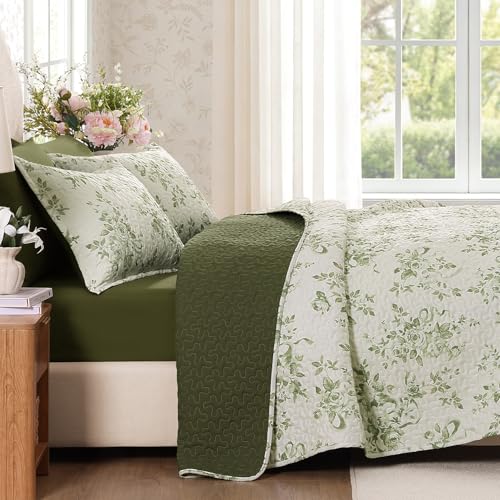 Image of Andency Quilt Twin Size, Sage Green Flower Bedspread Twin Size, 3 Pieces Soft Bedding Set for Women Teen Girls, Lightweight Coverlet Set for All Season with 2 Pillowcases (68 inchx86 inch)