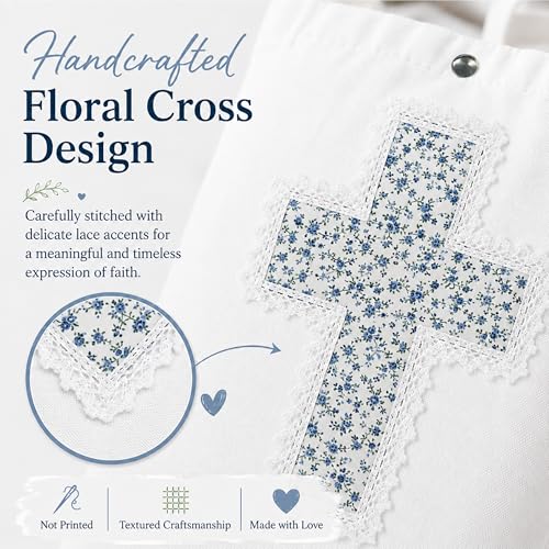 Image of Christian Tote Bag Gift for Women, Canvas Bible Bag Handmade Floral Cross | Christian faith-inspired gift, handcrafted cross with lace, inner pocket, snap closure, bottom gusset, church Bible study use