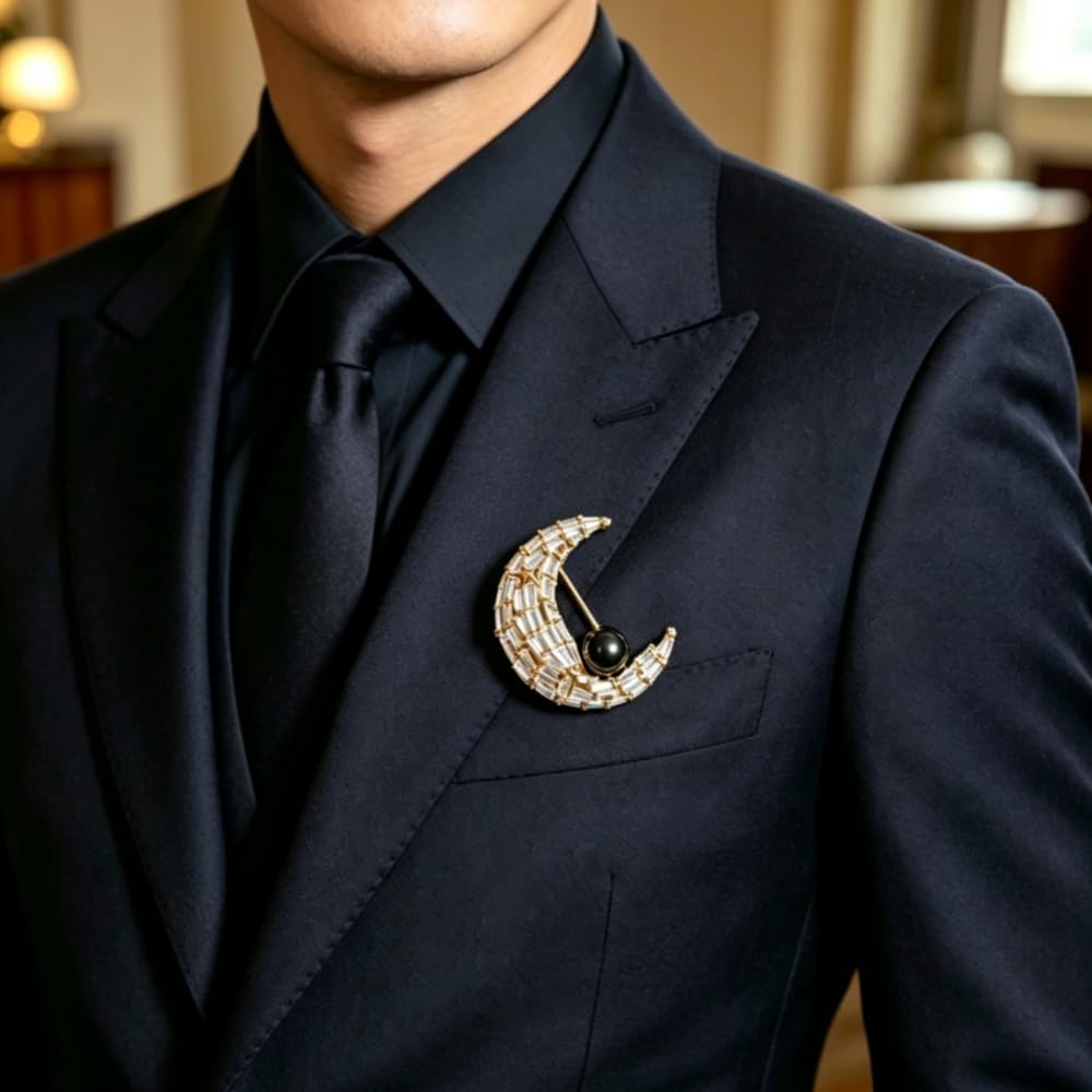 Broche de perlas de luna, combinado con incrustaciones de circonita tridimensional de lujo de perlas negras naturales, joyería elegante para bufandas, chaquetas, bodas y fiestas, viene con una caja de