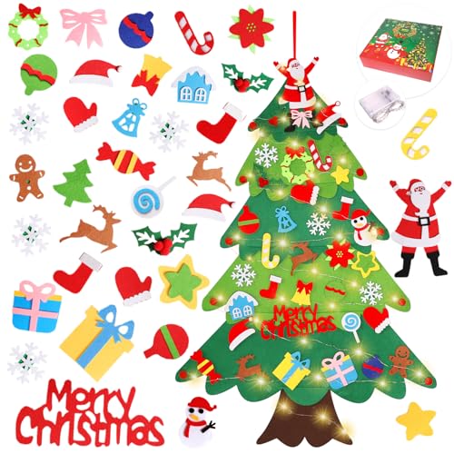 Gowpug Felt Christmas Tree for Toddlers 3.2ft Wall Hanging DIY Christmas Trees with 36 Detachable Ornaments for Toddlers My First Christmas Tree with String Light Xmas Gifts (Batteries Not Included)