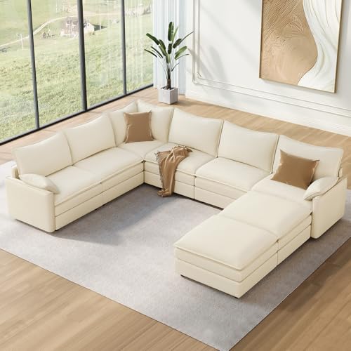 Image of Vesgantti Large Modular Sectional Sofa, Big Comfy Cloud Couch with Ottoman Deep Seat Chenille Cloud Sofa, 8 Seater Large Sectional Couches for Living Room, Bedroom and Apartment, Beige