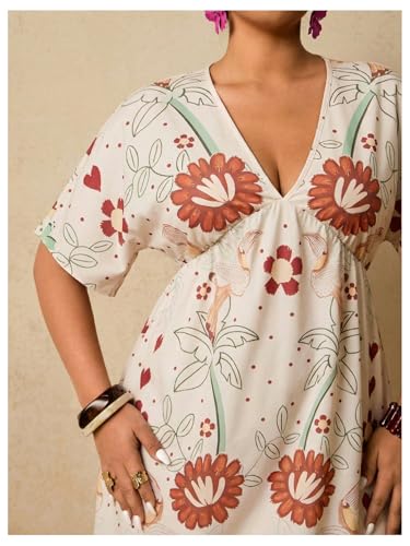 Image of Floerns Women's Plus Size Boho Hawaiian Tropical Dresses V Neck Short Sleeve Floral A Line Long Dress Vacation Beach Outfits