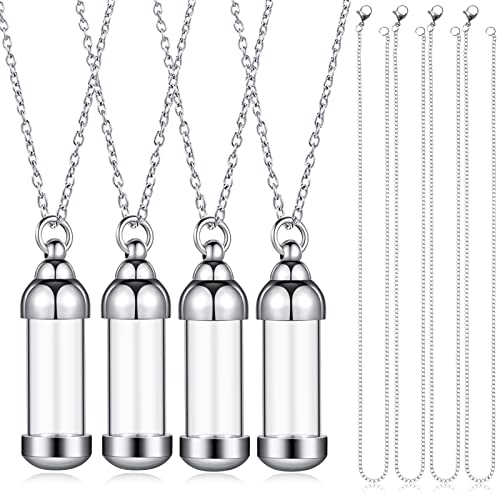 MTLEE 4 Glass Vial Necklace Pendant Set Include 4 Stainless Steel Cremation Urn Blood Pendant Put Ashes in Vial Tube Urn Keepsake Memory with Chain 4 Snake Chain Necklace
