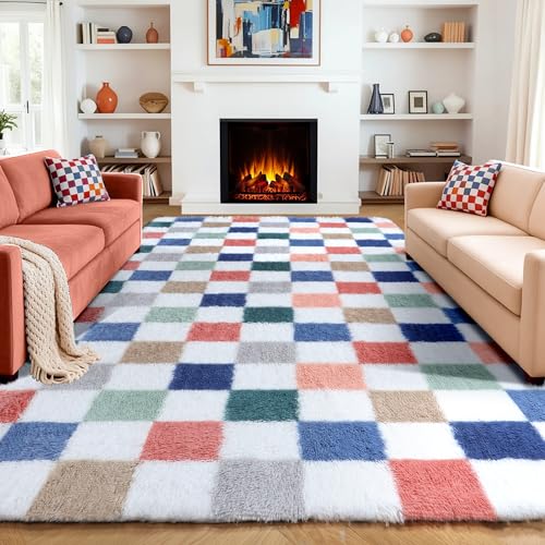 Image of KICMOR 6x9 Area Rugs for Living Room, Large Fluffy Soft Colorful Checkered Fuzzy Shag Shaggy Bedroom Carpet, Cute Indoor Plush Rainbow Rug for Teen Kids Boys Girls Dorm Nursery Home Decor Aesthetic