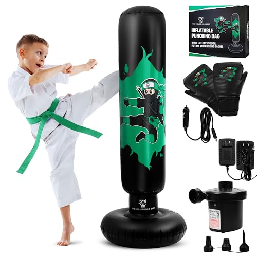 THB Punching Bag for Kids - Inflatable Punching Bag with Boxing Gloves for Kids Age 3-8, 63” Ninja Boxing Bag with Electric Air Pump to Practice Taekwondo, Karate, MMA, Bouncing Back Boxing Set