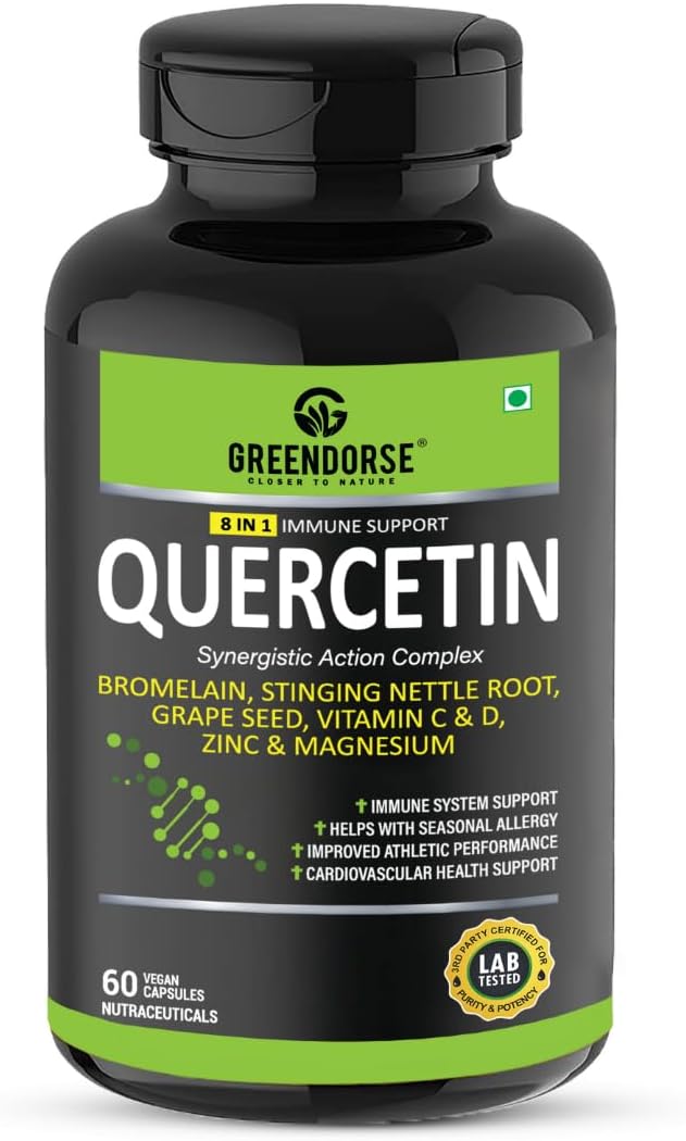 GREENDORSE Quercetin Supplement 1300mg with Bromelain, Nettle root, Vitamin C & D, Grape seed, Zinc & Magnesium | Immunity Support, Heart, Joint & Healthy Respiratory System | 60 Veg Capsules