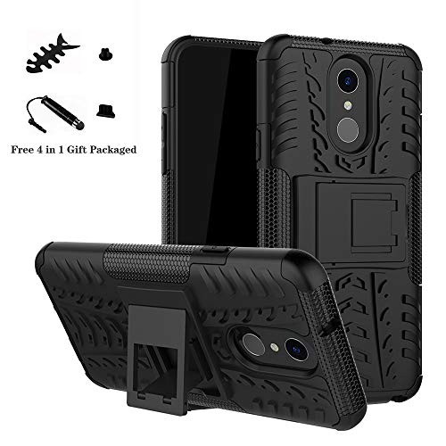 LiuShan LG Q7 Funda, Heavy Duty Silicona Híbrida Rugged Armor Soporte Cáscara de Cubierta Protectora de Doble Capa Caso para LG Q7 Smartphone(con 4 en 1 Regalo empaquetado),Negro