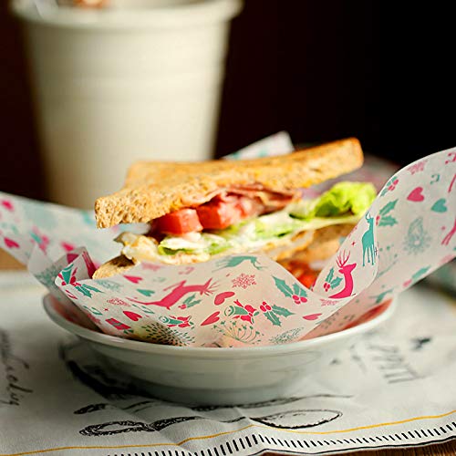 100pcs Wax Paper Food Picnic Paper Grease Proof Paper Waterproof Dry Hamburger Paper Liners Wrapping Tissue for Plastic Food Basket (Xmas Elk pattern) - Thumbnail 6