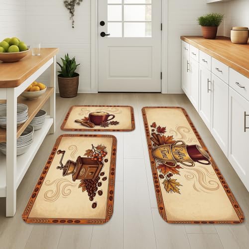 Lot de 3 tapis de cuisine vintage rustique crème lavables - 4