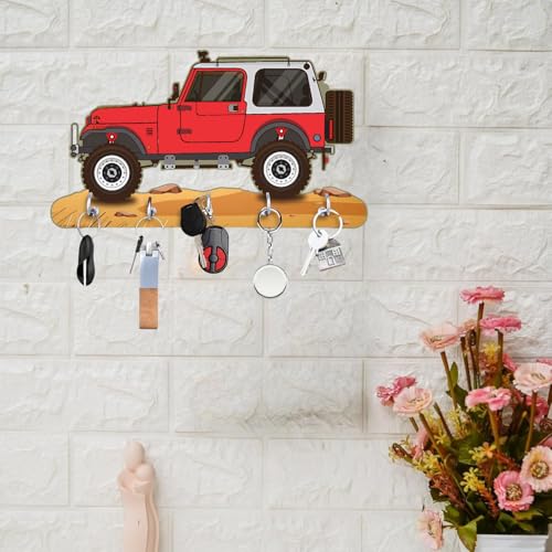 Image of Webelkart Premium HD UV Printed Mahindra Thar Car Shape Designer Wooden Key Holder Home and Office Decor (11 X 6 Inch, Wood) (Red)
