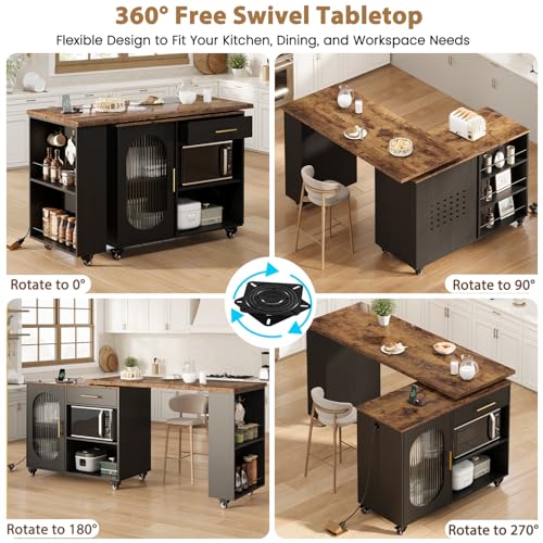 Image of HSH 71 inch Rolling Kitchen Island with Storage Seating on Wheels, Rustic Brown | Mobile Island Cart With 360 Swivel Tabletop, With Power Outlet, Storage Cabinet, Open Adjustable Shelves Fit In Microwave