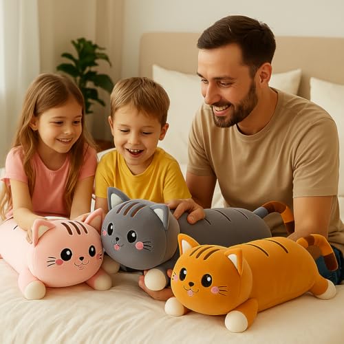 Image of Cute Long Cat Plush Pillow for Kids | Soft Huggable Sleeping Body Pillow | Grey Cartoon Cat Stuffed Toy for Girls & Boys | Decorative Bed & Sofa Cushion (60 cm) (Grey)