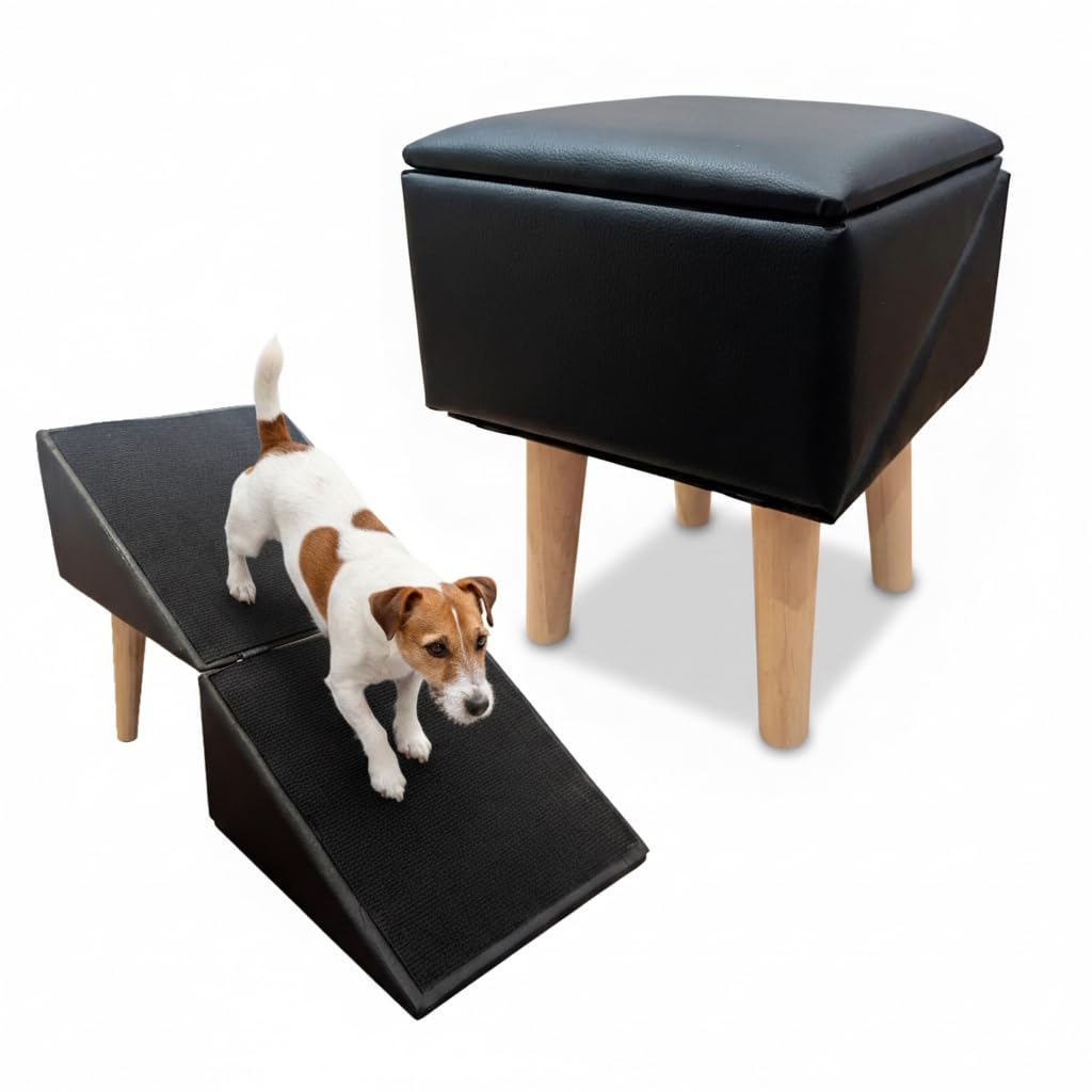 Foldable Dog Steps & Ramp for Bed, Sofa & Couch – Folding Ottoman Pet Stairs/Slope for Small Dogs, Puppies, Senior or Injured Pets, Cats – Black